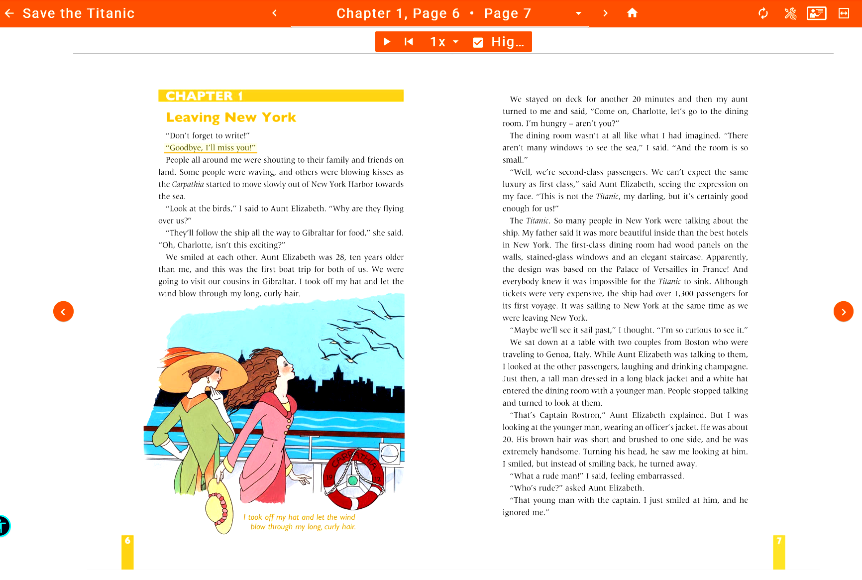 Open Burlington reader showing the story Save the Titanic with listening and pronunciation tools